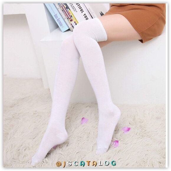 Solid White Cotton Thigh High Socks OS - Picture 3 of 5